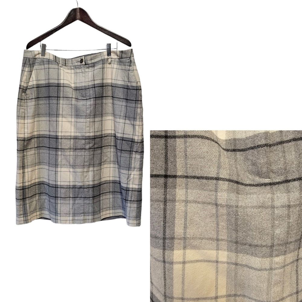 ✨LL BEAN Plaid Skirt Classic Fit Lined Twill Lined Pockets 20 Gray/Cream/Black